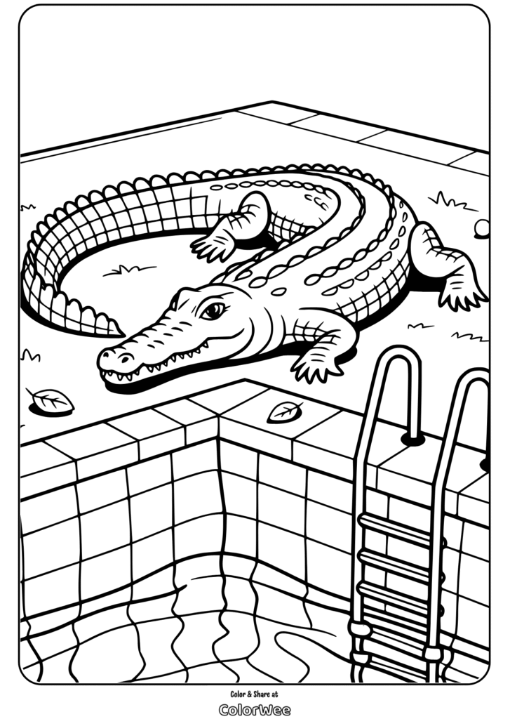 Crocodile by the pool coloring page for kids.