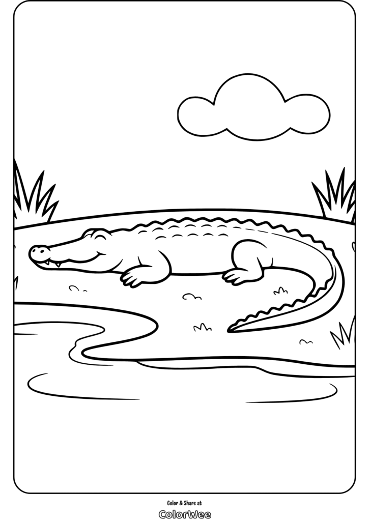 Smiling alligator by a river coloring page for kids