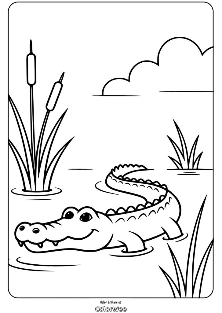 Smiling alligator in a pond coloring page with plants and clouds.