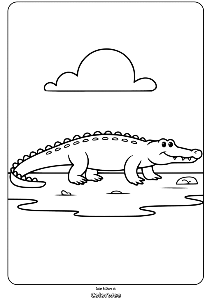 Crocodile coloring page with cloud and water scene for kids.