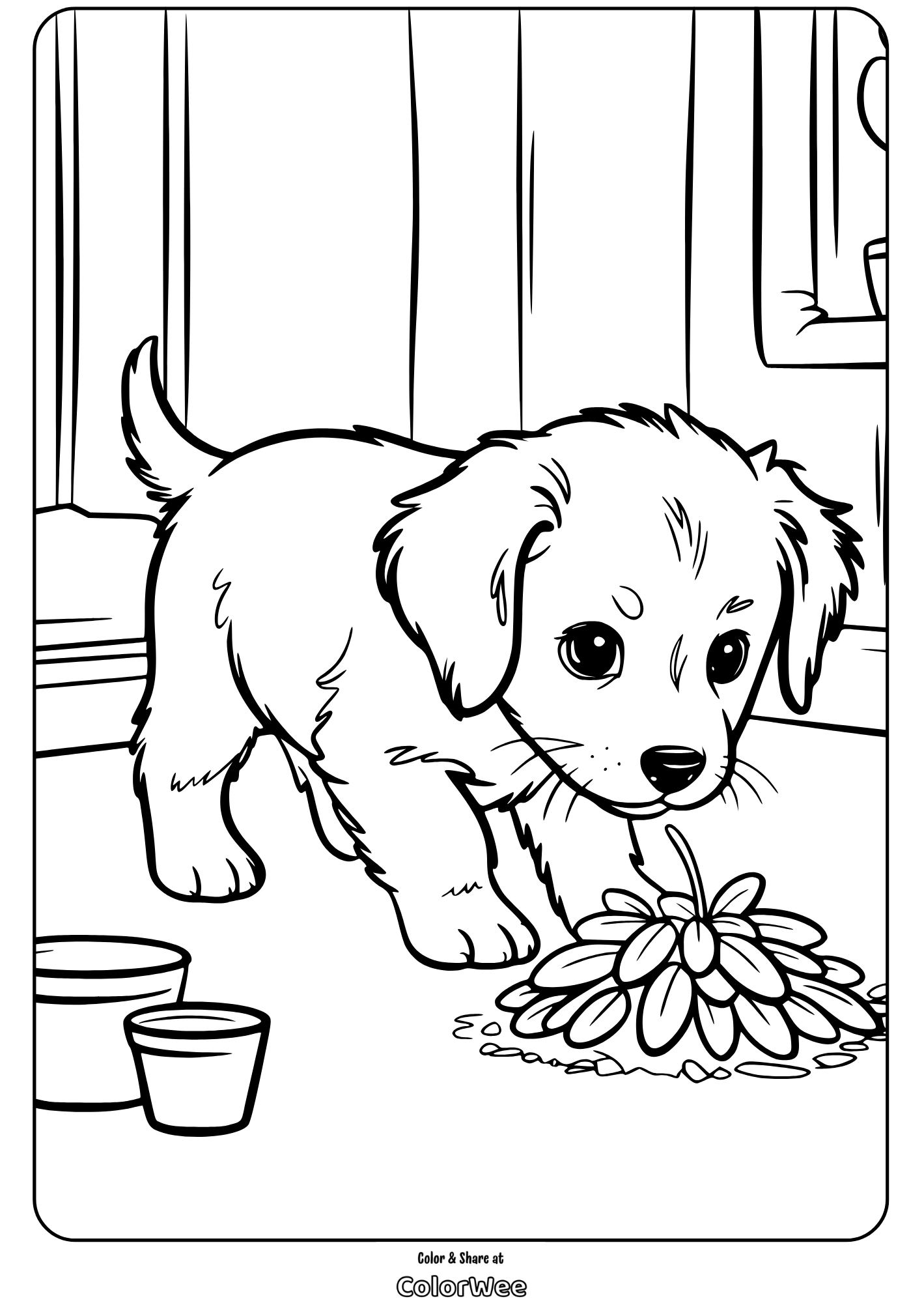 Cute puppy exploring flower in coloring page.