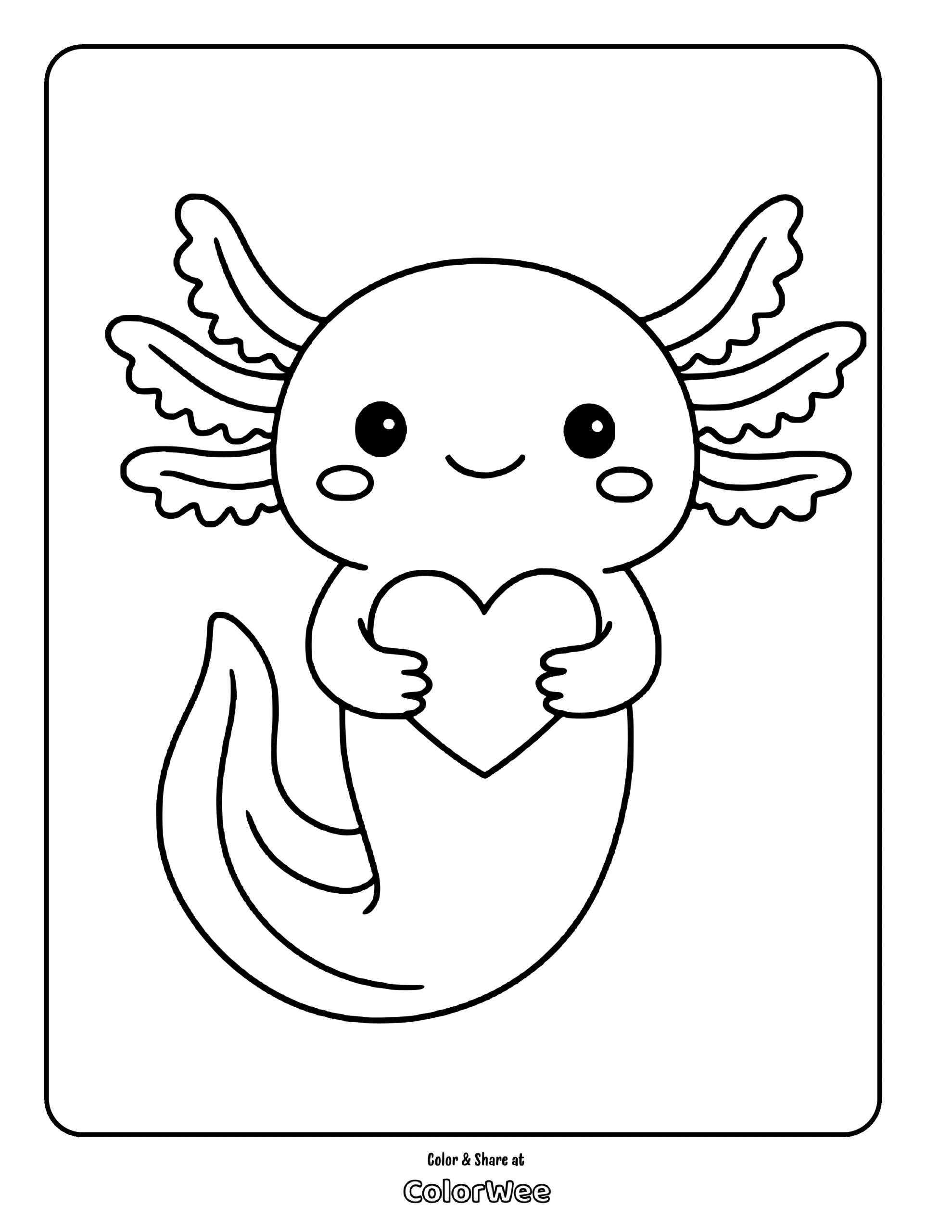 Cute axolotl holding a heart coloring page. Valentine theme.