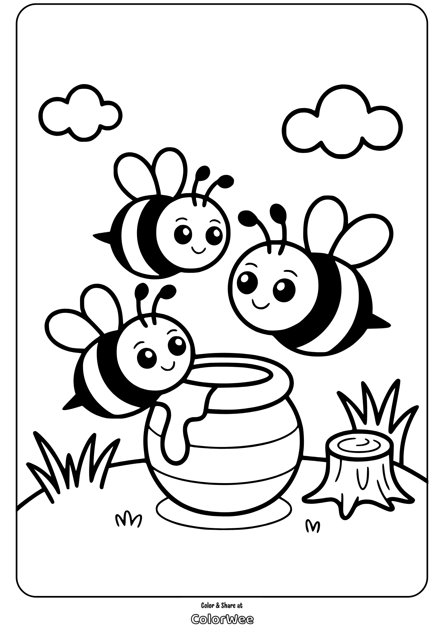 Three cute bees with honey jar, clouds, and tree stump coloring page.