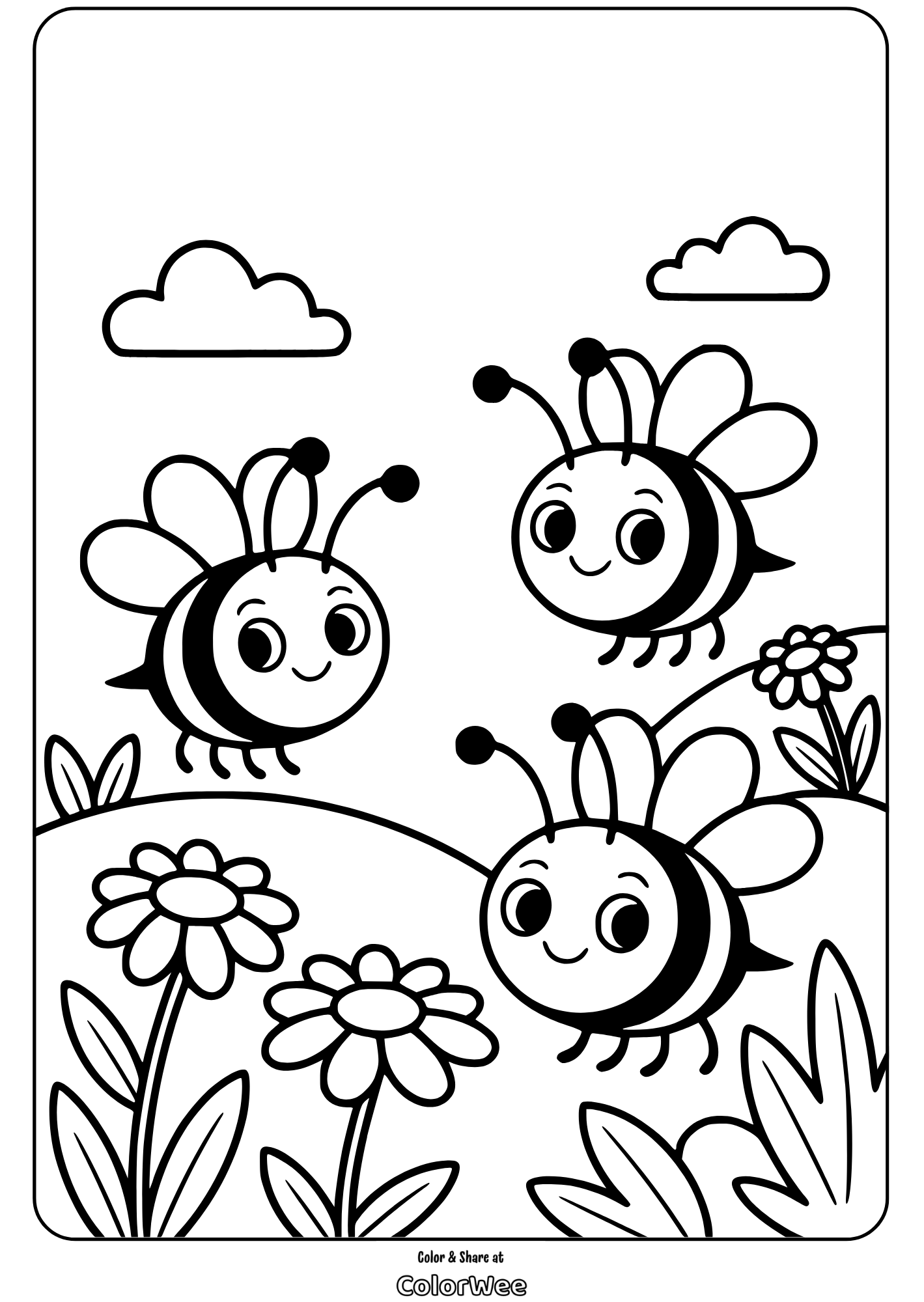 Cute cartoon bees and flowers coloring page for kids.