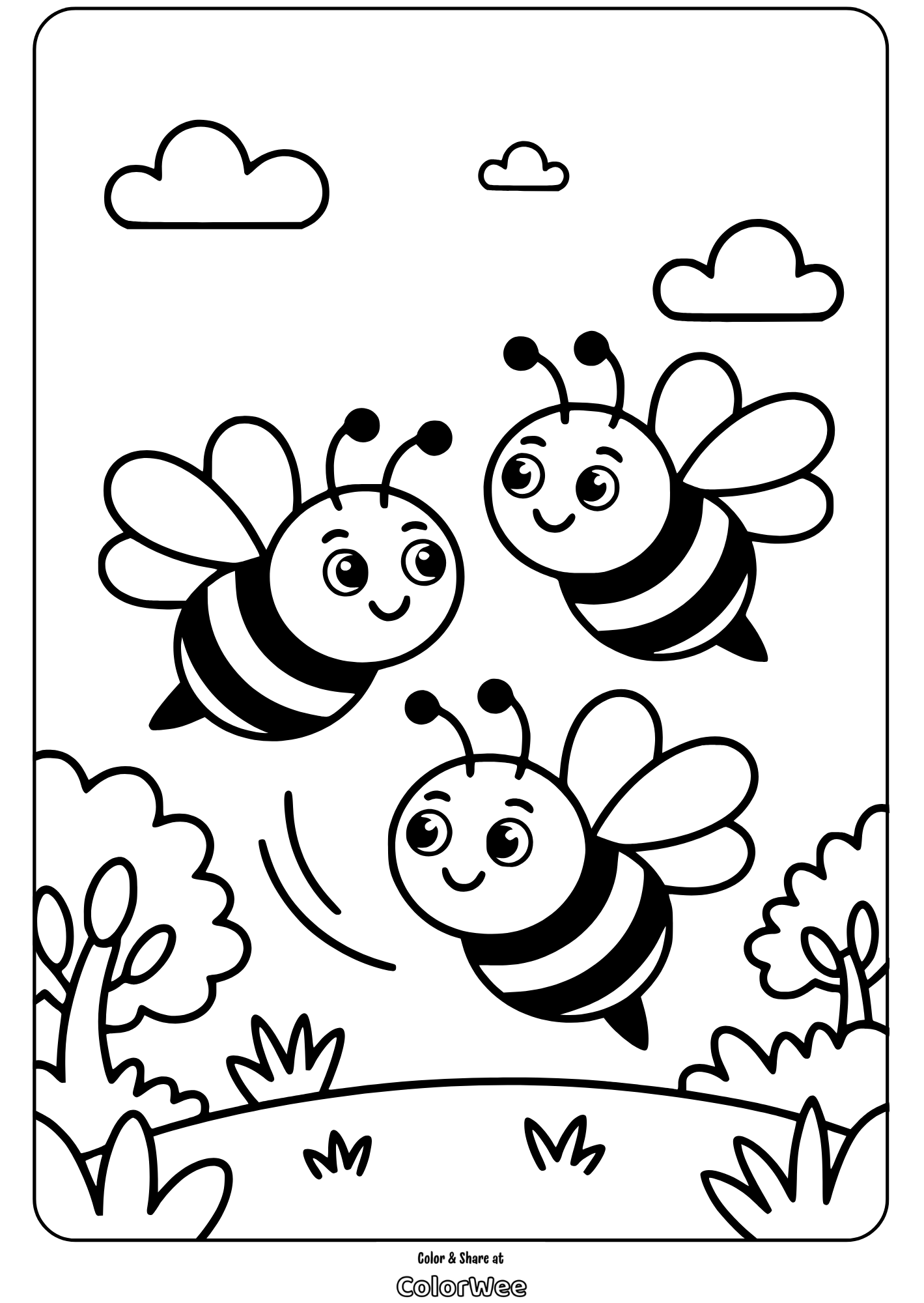 Three happy bees flying in a garden coloring page.