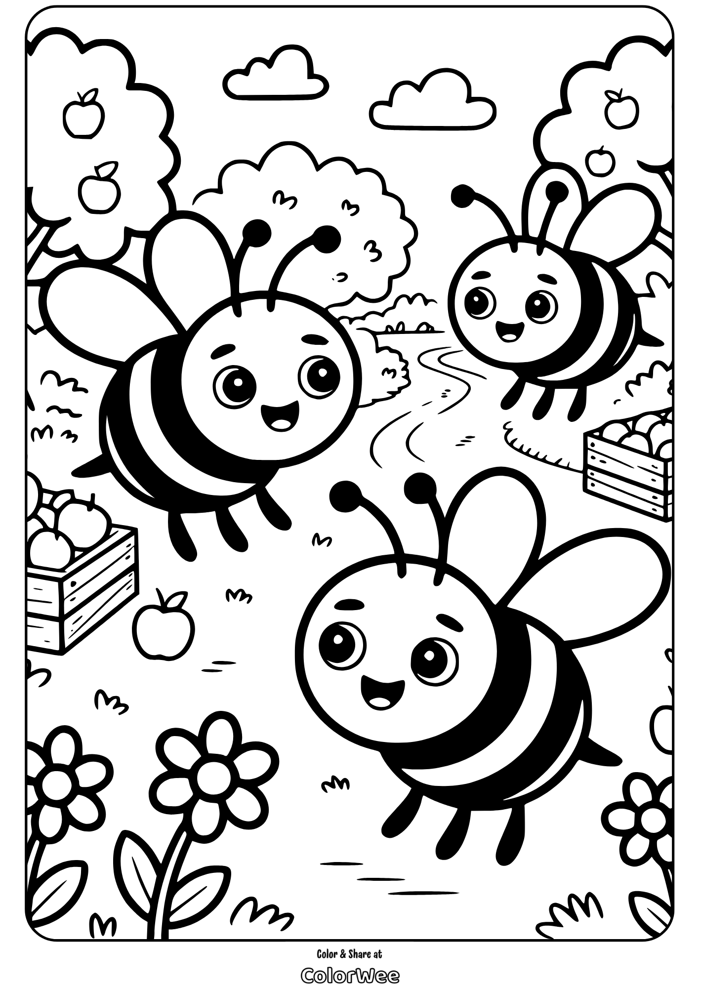 Coloring page with happy bees flying among flowers and apple trees.