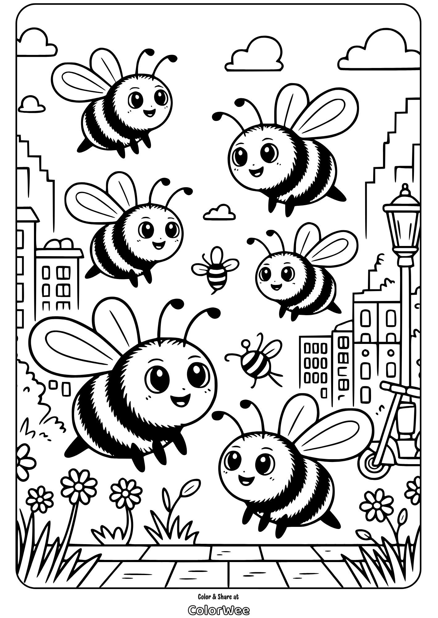 Cute cartoon bees in a city park coloring page.
