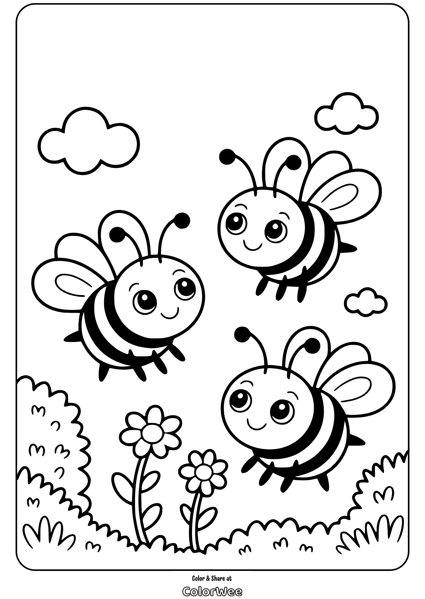 Adorable bees flying over flowers coloring page for kids.