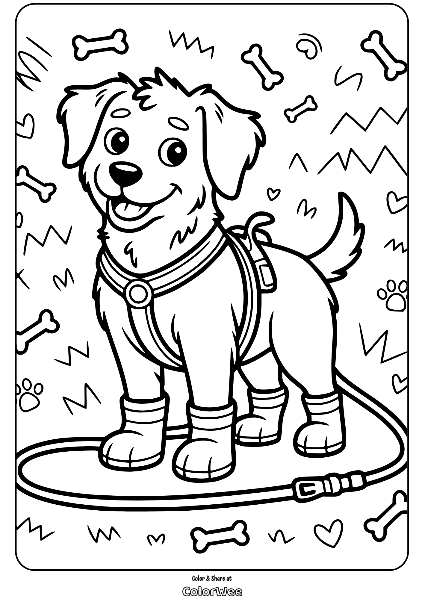 Cheerful dog in harness coloring page with bones and hearts.