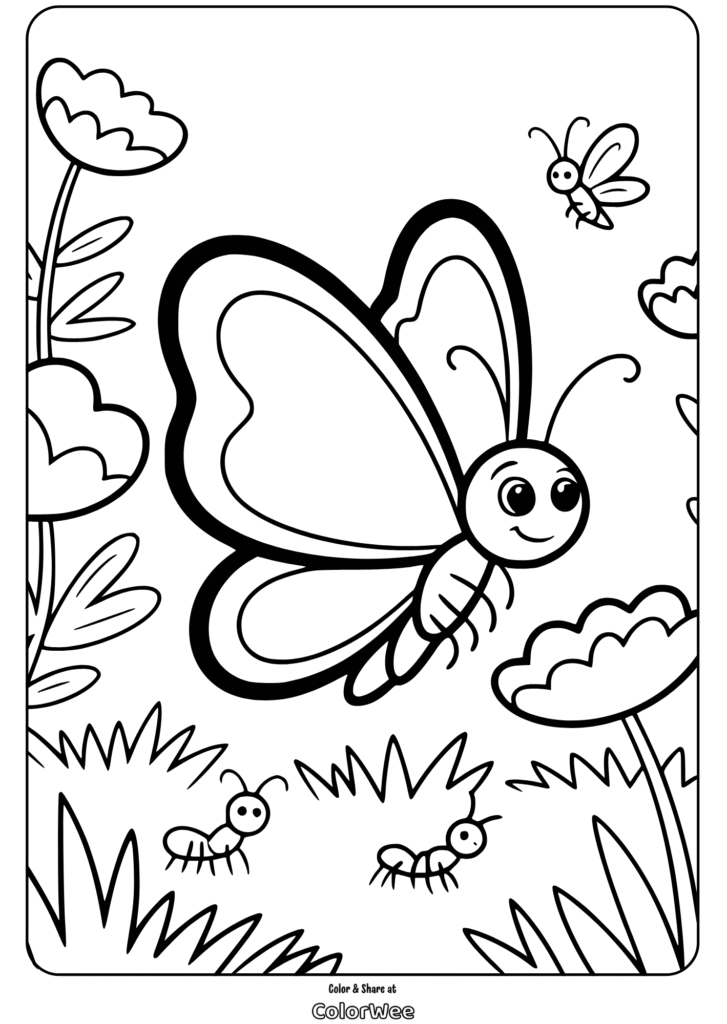 cute flying insects butterfly garden coloring page Butterfly coloring page with flowers and ants for kids.