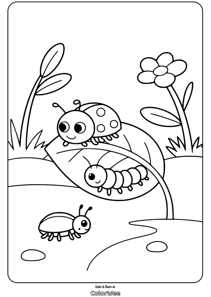 cute garden leaf insects beetles and bugs coloring page Cute bugs and flower coloring page for kids.