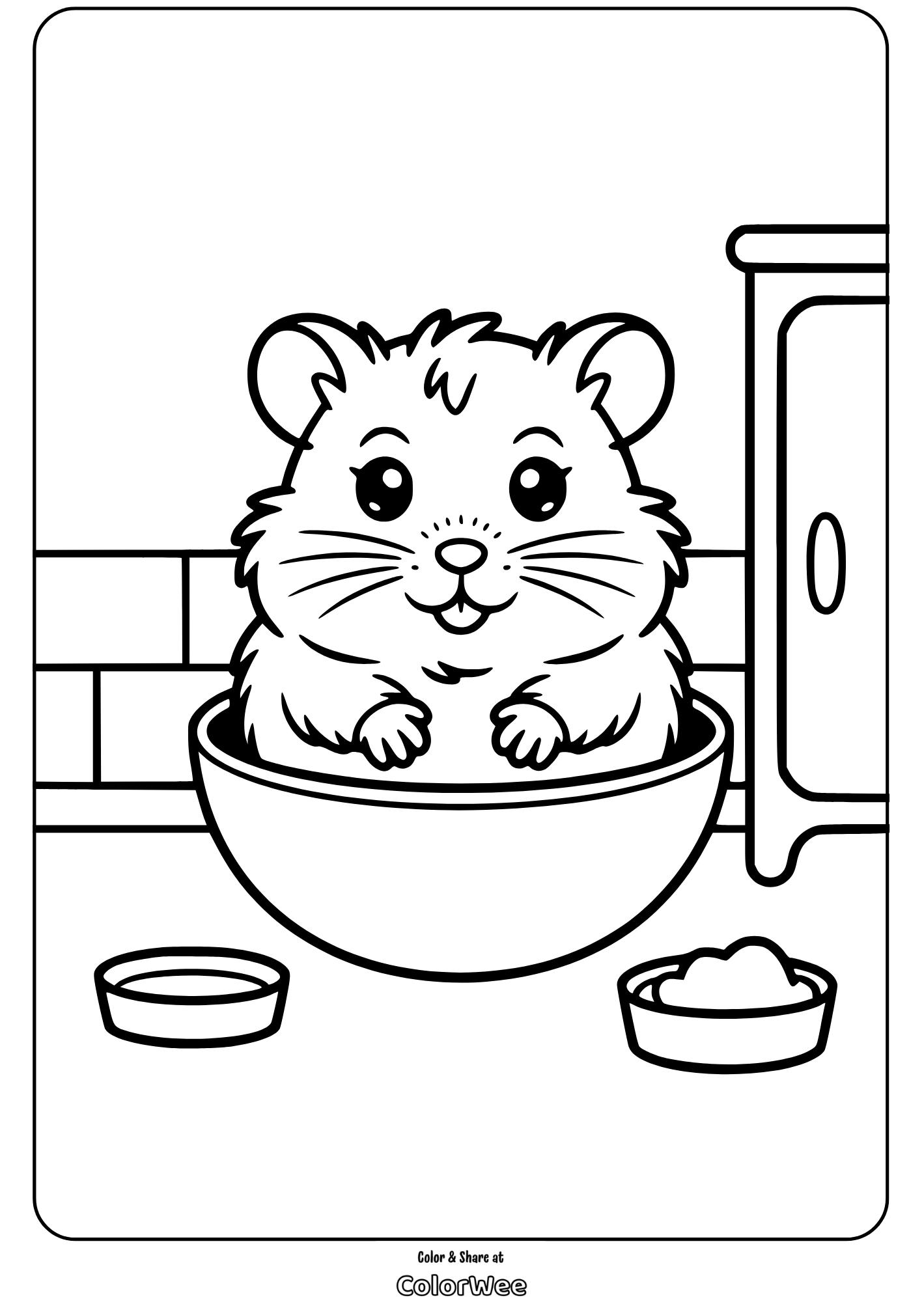 Cute hamster in a bowl coloring page for kids.