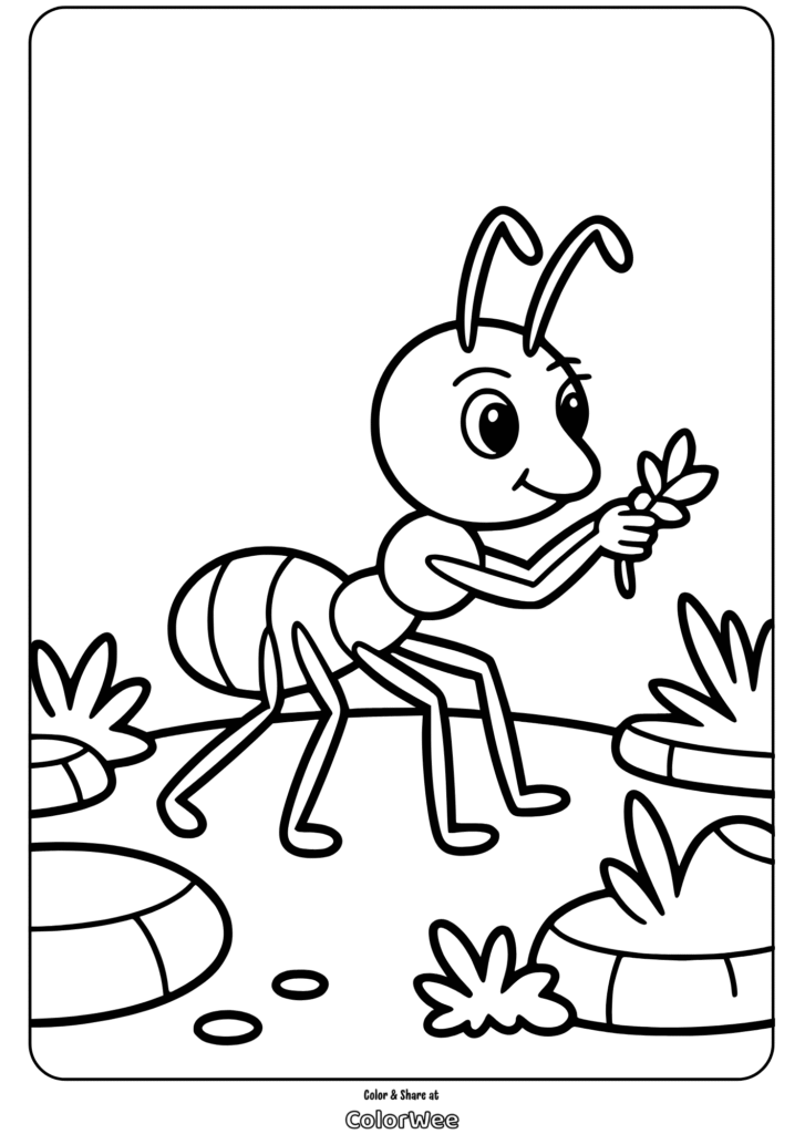 cute insect ant coloring page Friendly ant with a leaf, cartoon coloring page.
