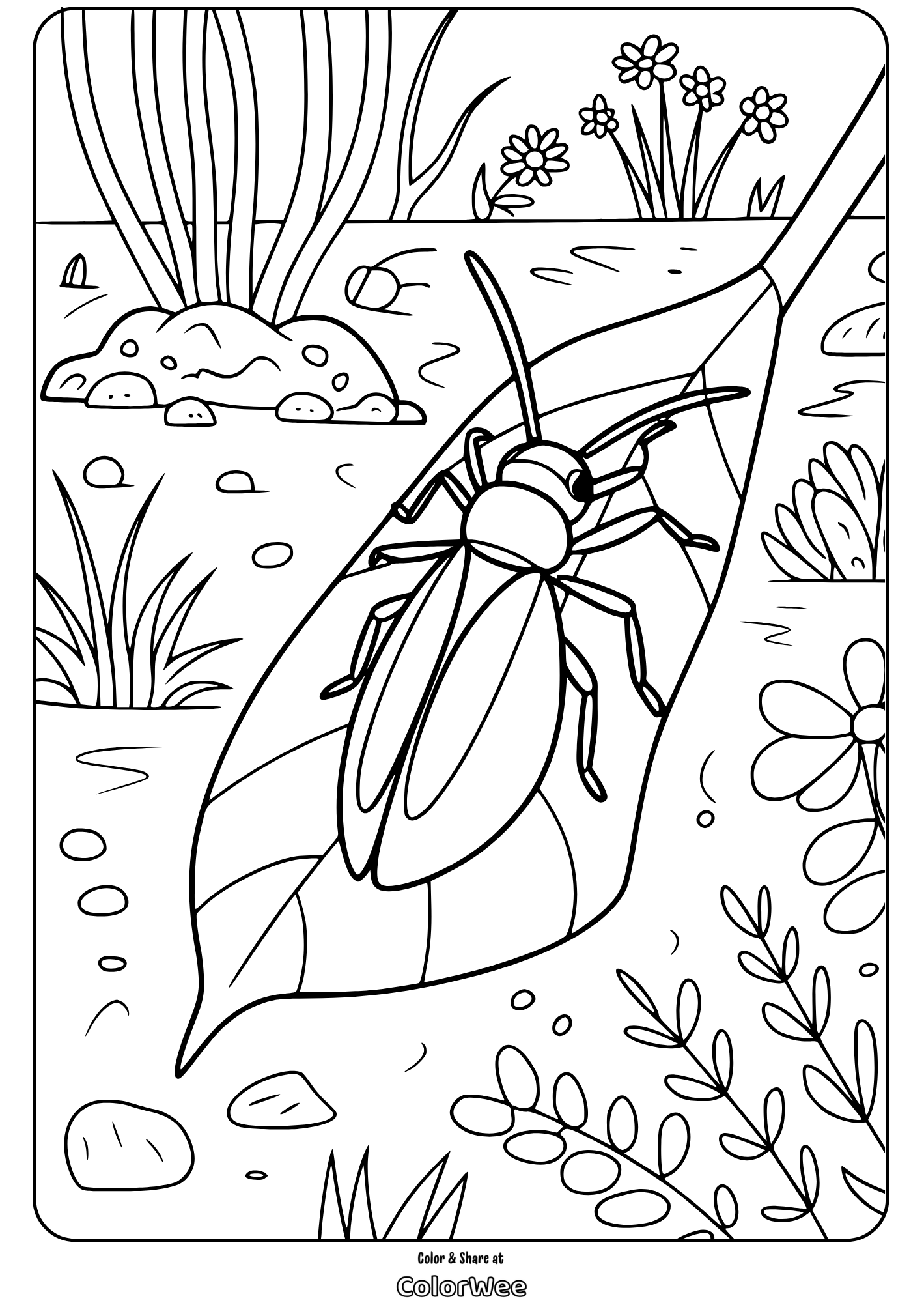 Bug on a leaf coloring page with flowers and garden scene.