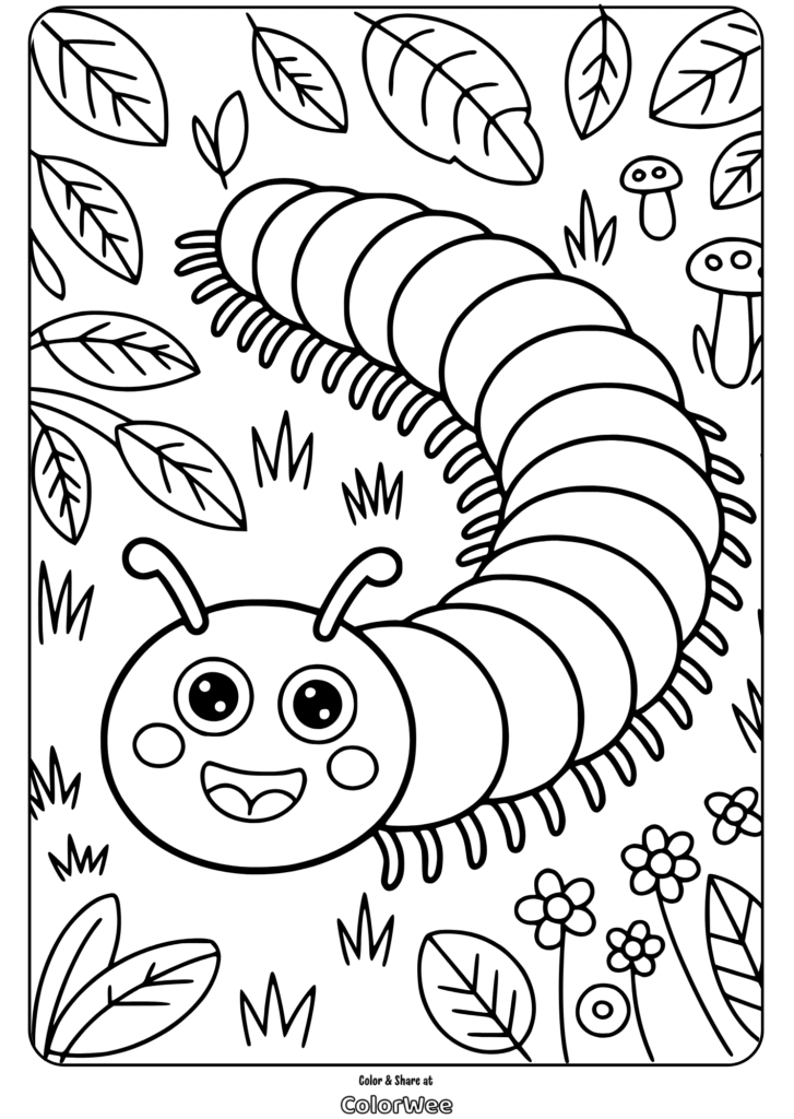 cute insect caterpillar flower garden coloring page Cute centipede coloring page with leaves and mushrooms.