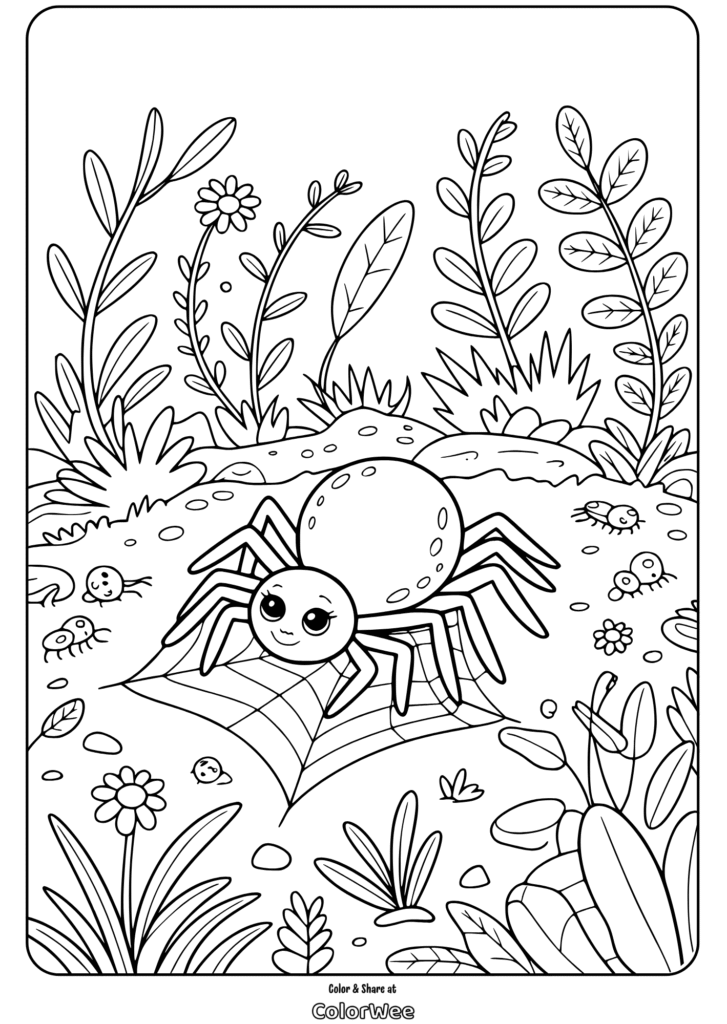 cute insect friendly spider nature coloring page Spider coloring page with a smiling spider in a garden.