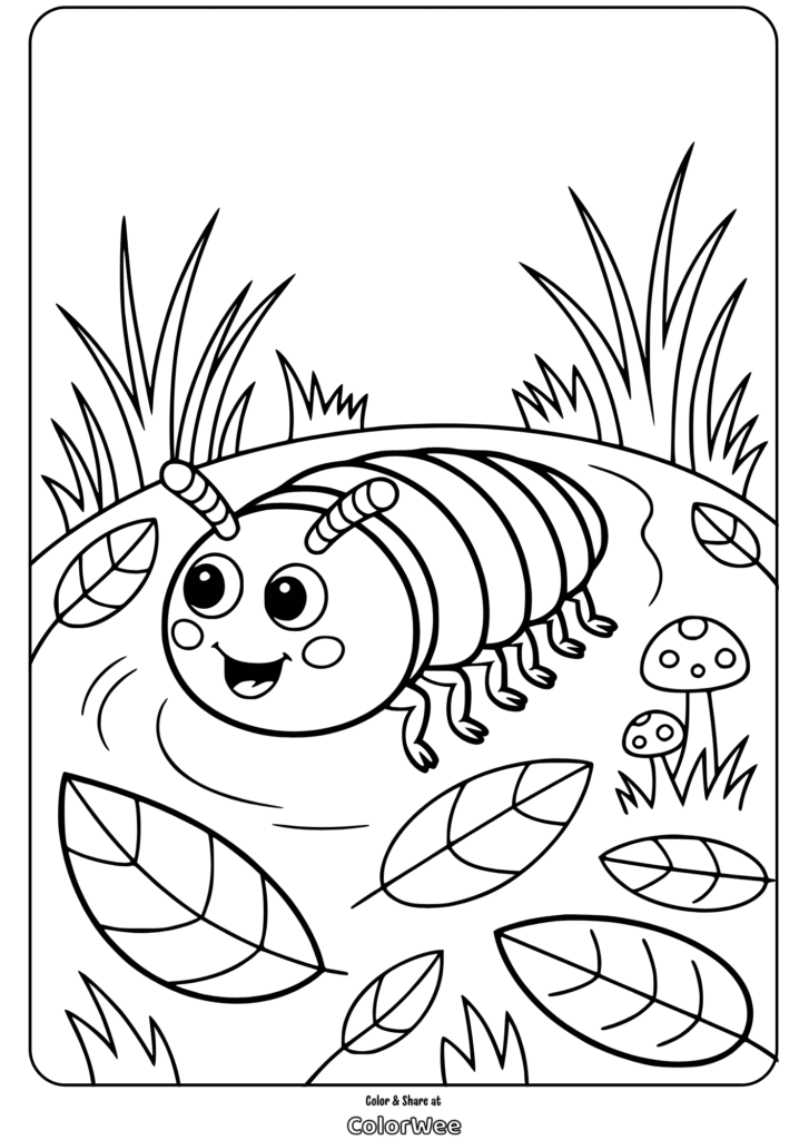 cute insect happy caterpillar garden coloring page Friendly caterpillar coloring page with leaves and mushrooms.