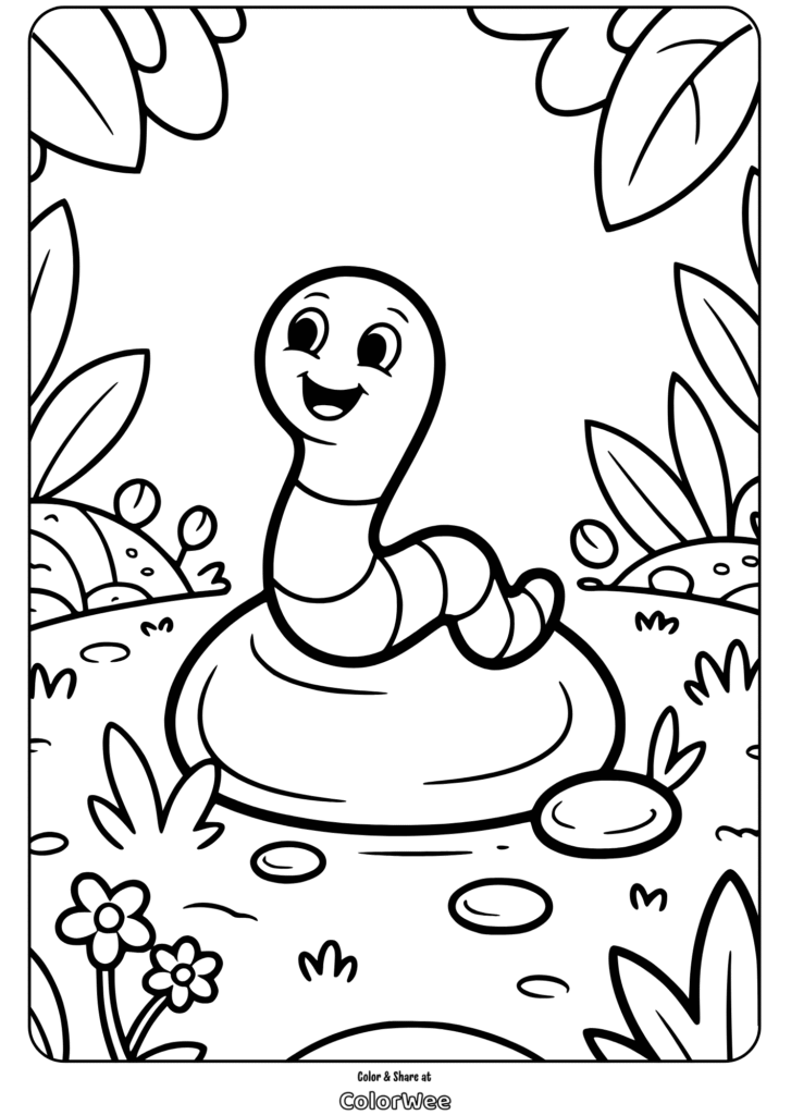cute insect worm coloring page Happy worm on a rock coloring page for kids