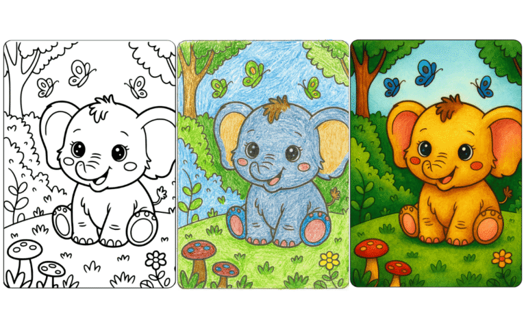 Cute kawaii elephant coloring page with forest and butterflies.