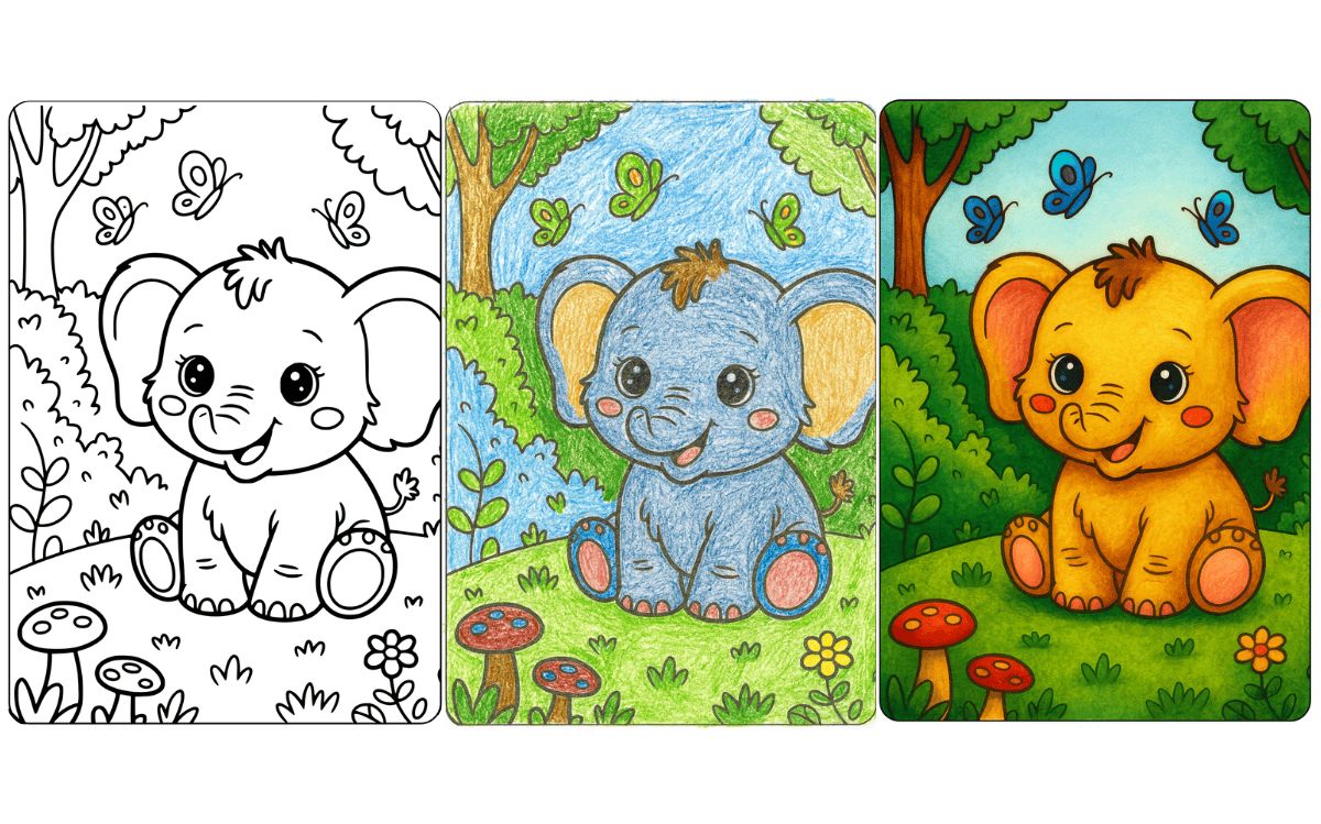 cute kawaii elephant coloring page with forest and butterflies Cute kawaii elephant coloring page with forest and butterflies.