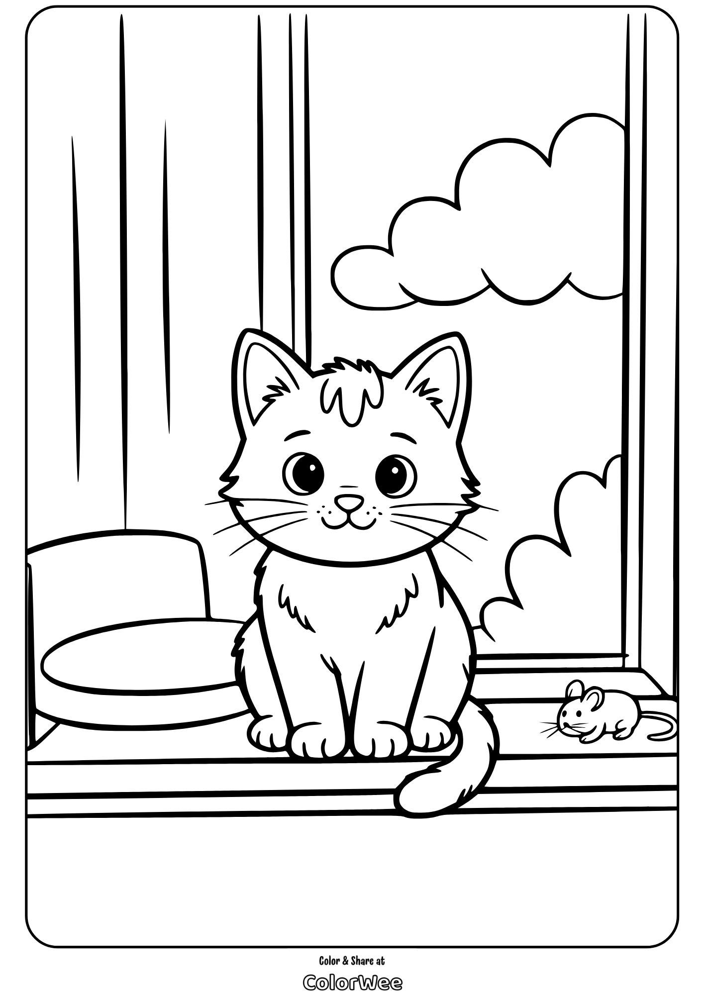 Cute cat and mouse by window coloring page.