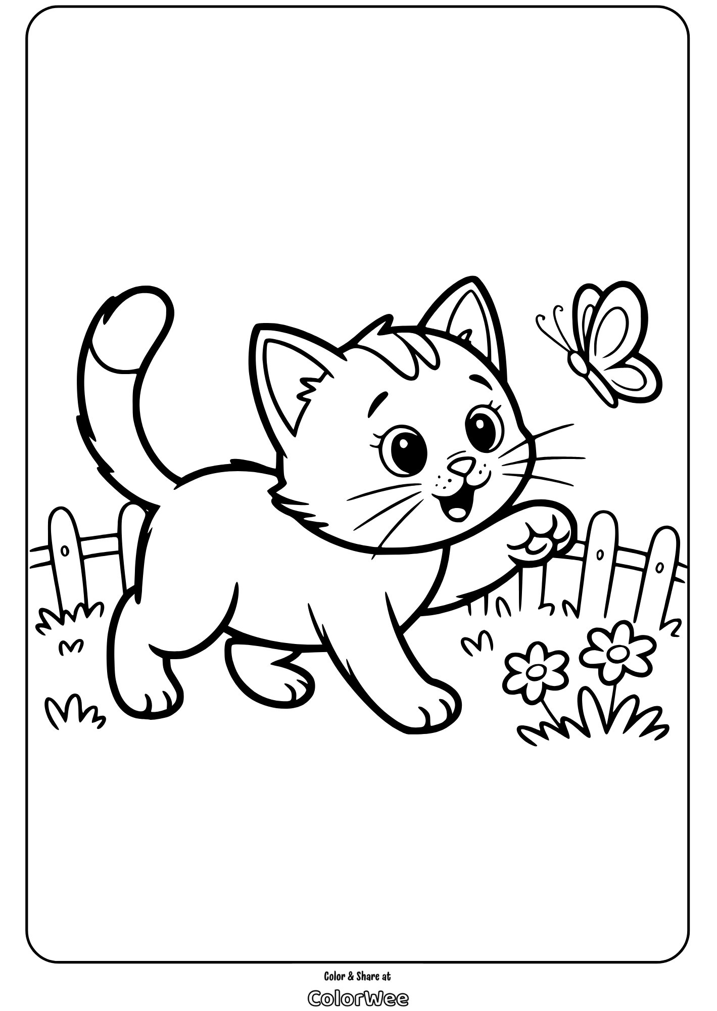 Kitten plays with butterfly in garden coloring page.