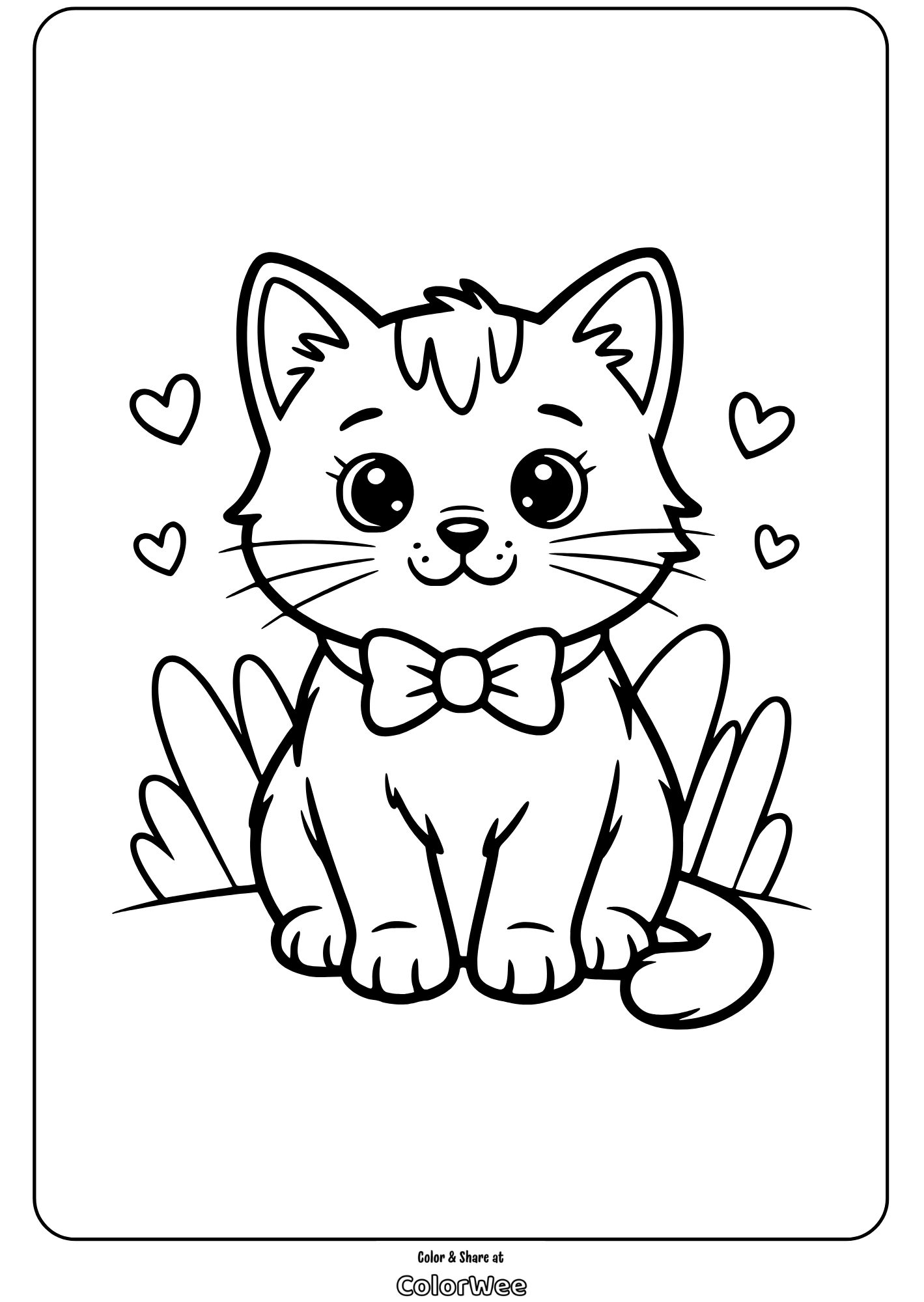 Cute kitten coloring page with hearts and a bow tie.