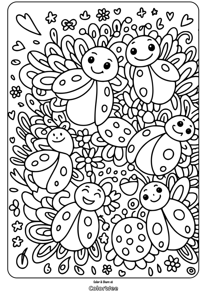 Cute ladybugs and flowers coloring page for kids.