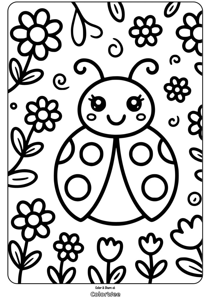 Cute ladybug and flowers coloring page for kids.