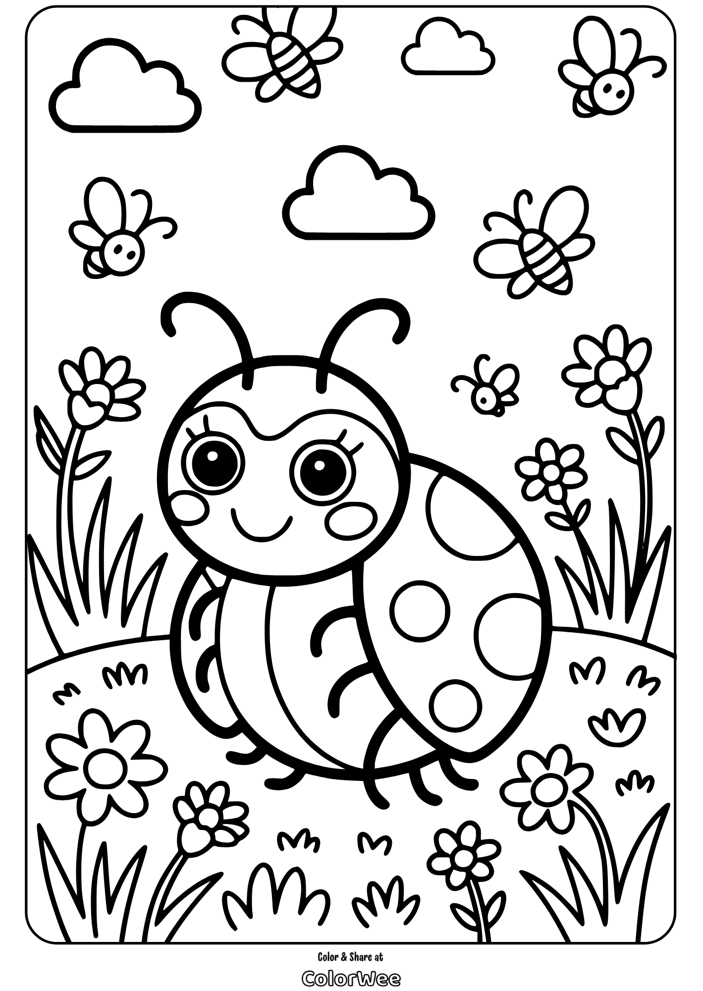 Cute ladybug and bees coloring page for kids.