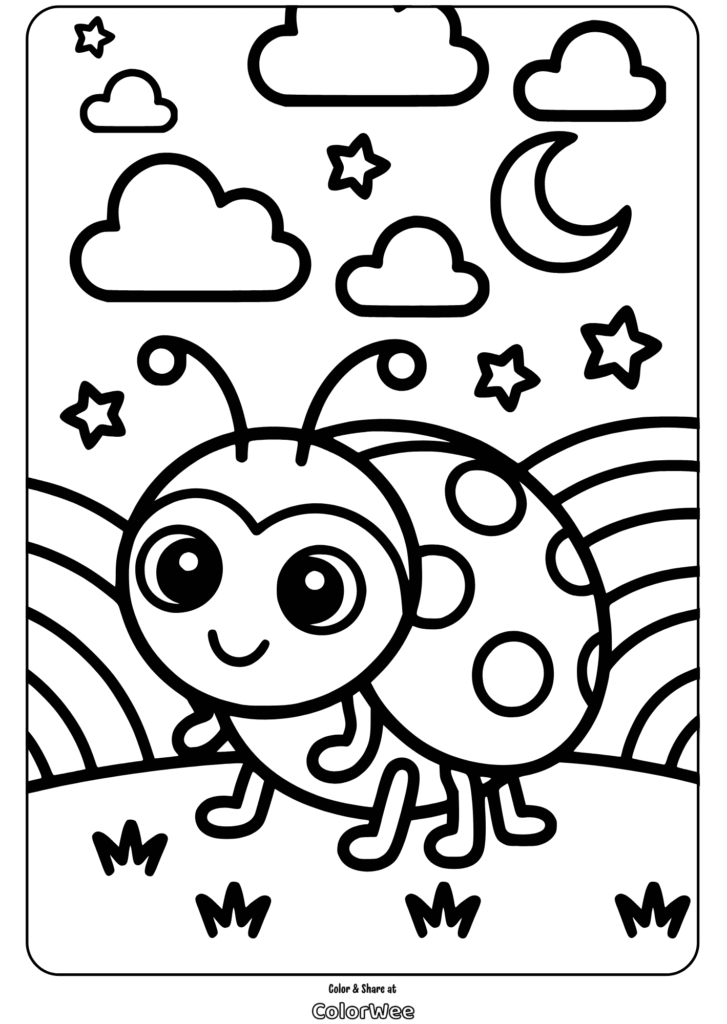 Cute ladybug in a garden, coloring page for kids.