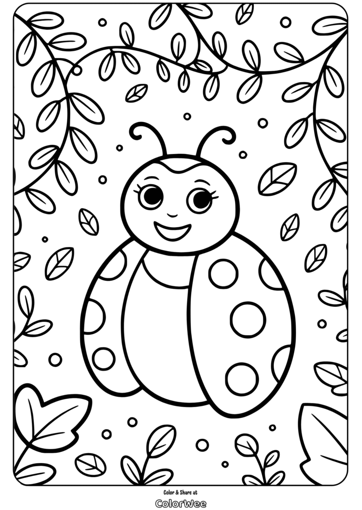 Cute ladybug coloring page with leaves and dots background.