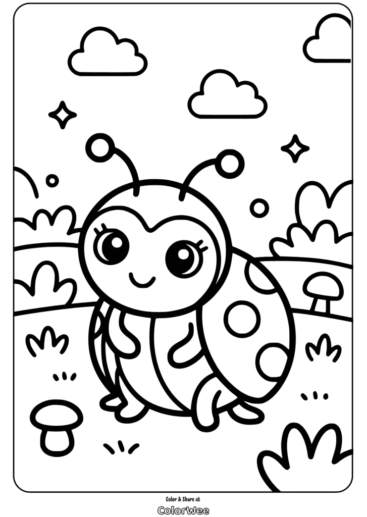 Cute ladybug coloring page with stars, clouds, and a crescent moon.