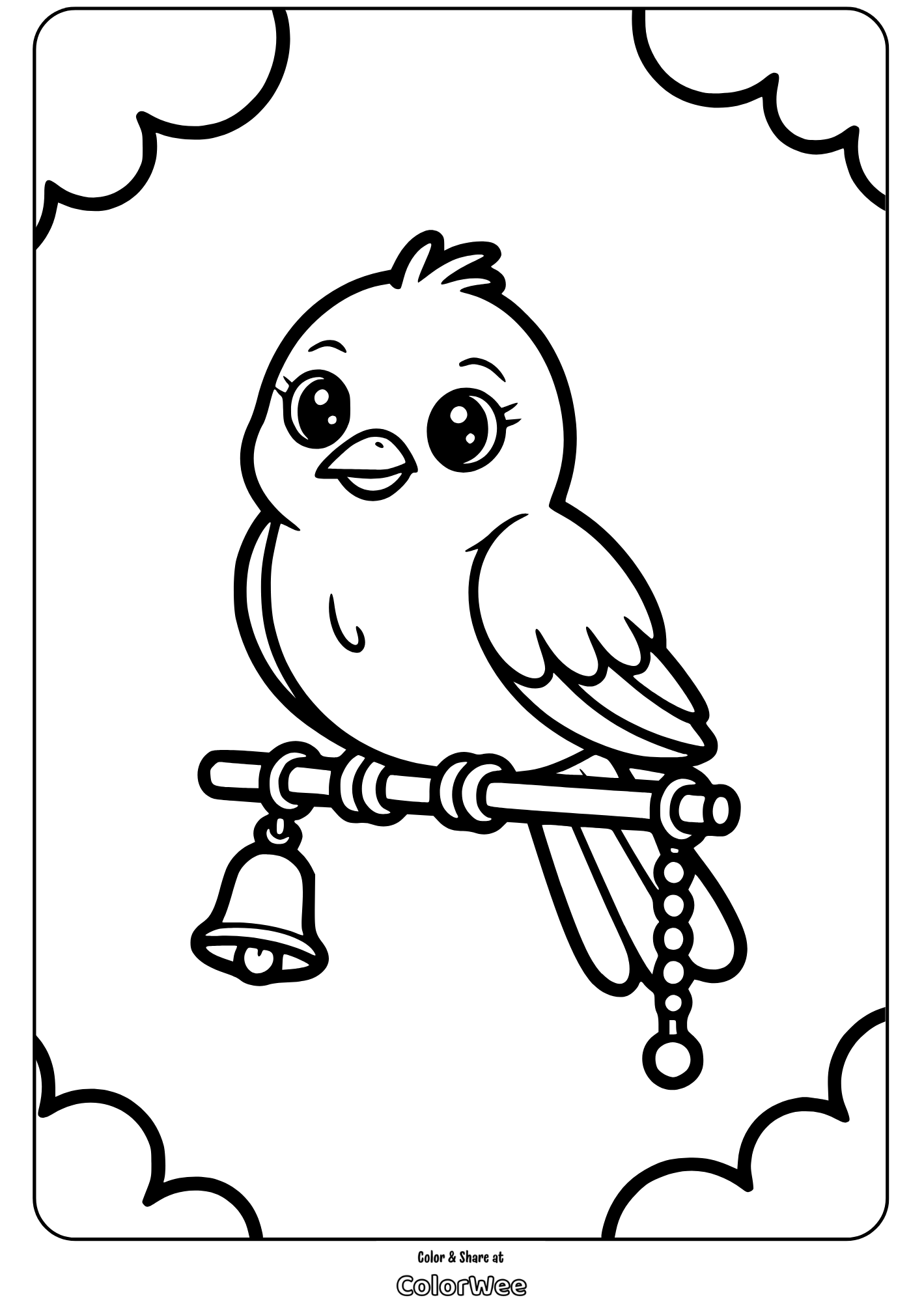 Cute bird on branch coloring page for kids.