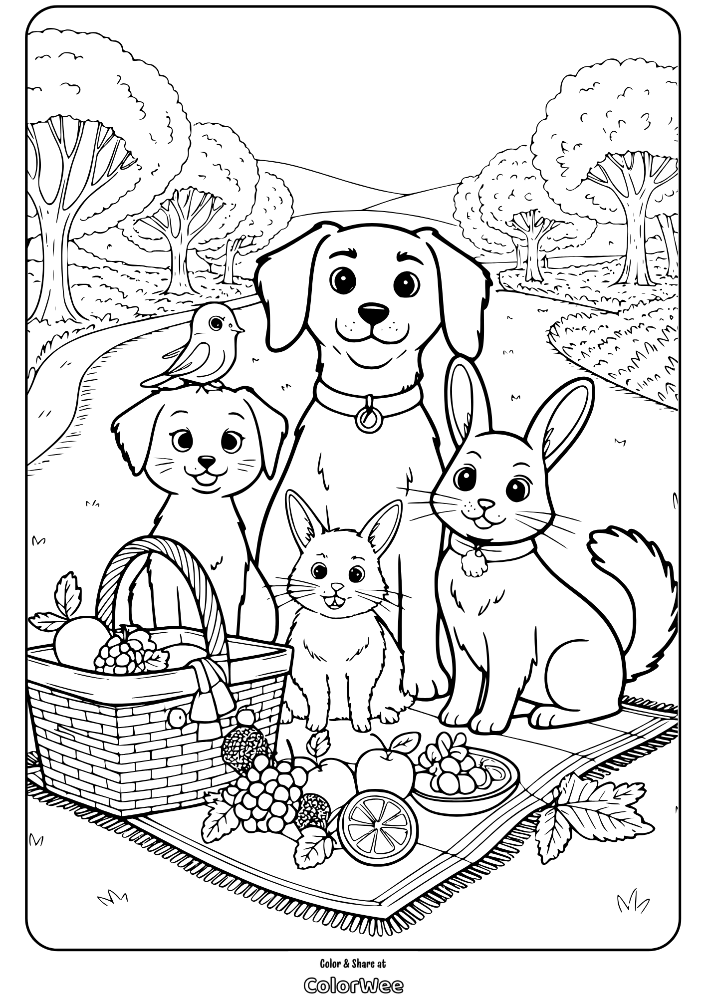 Picnic with animals in a park coloring page.