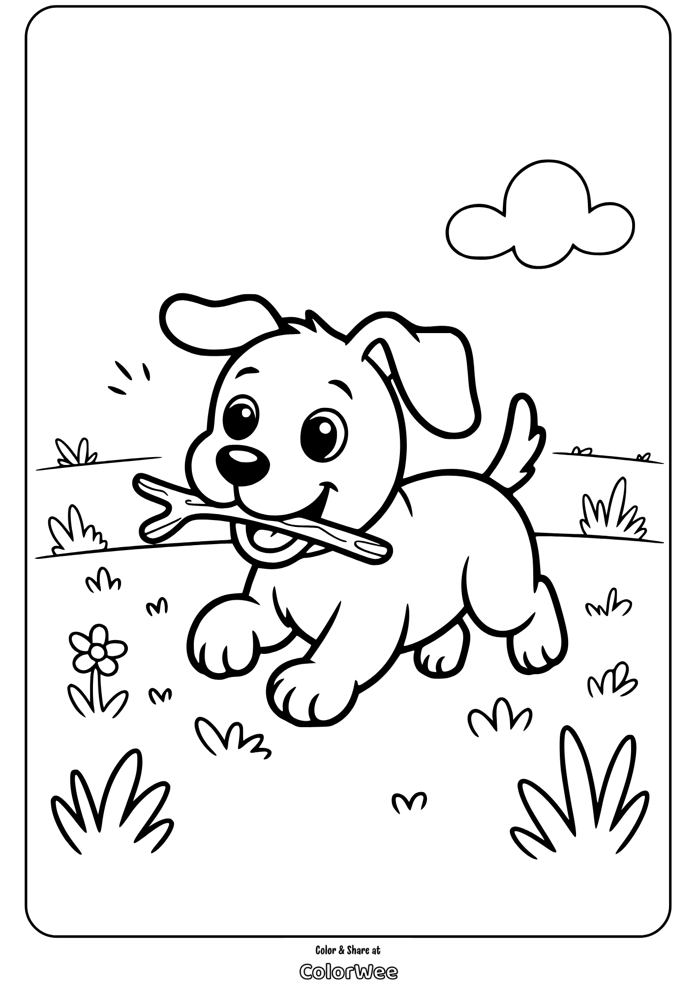 Cute puppy holding a stick coloring page.