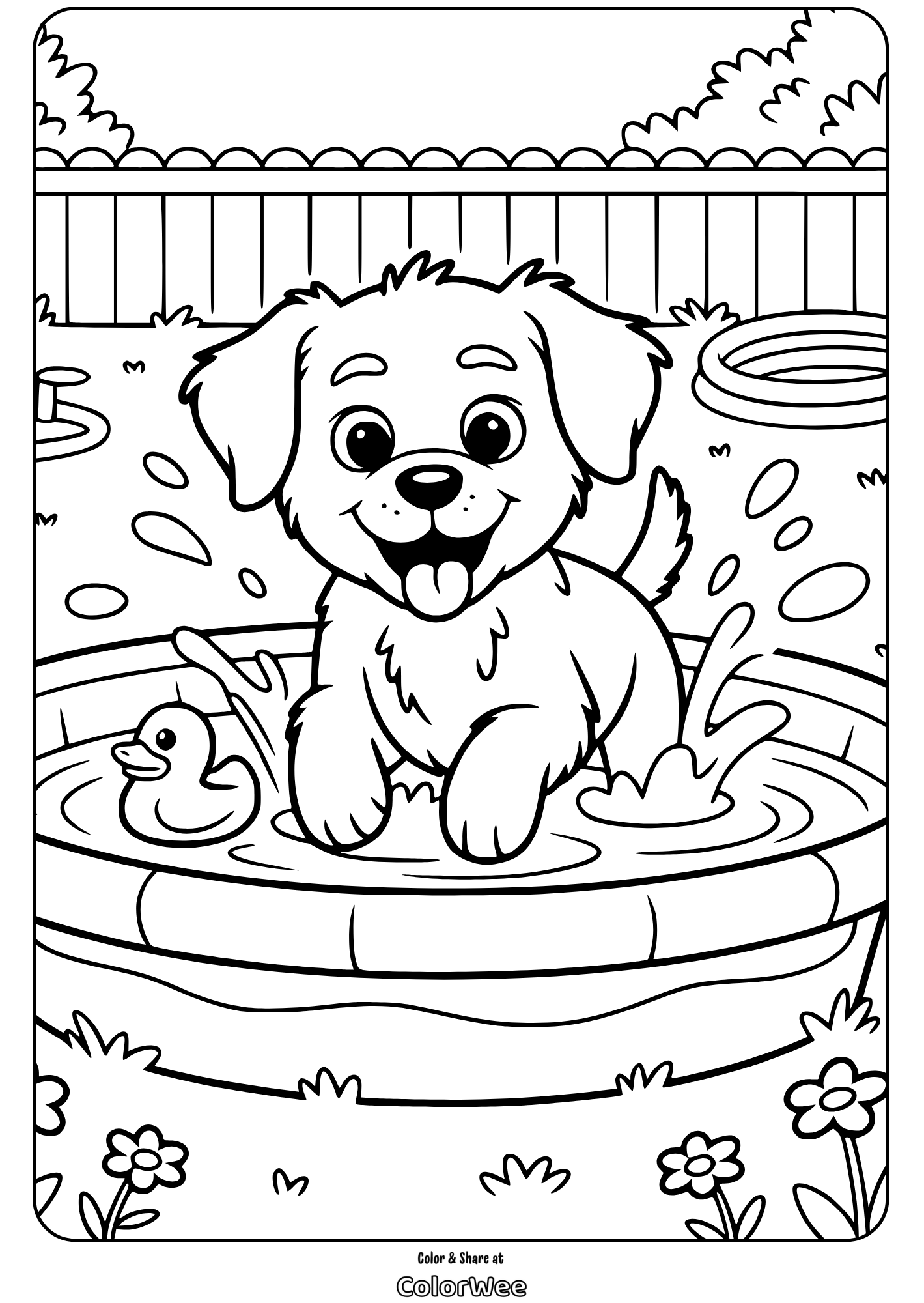 Cute puppy in kiddie pool coloring page.