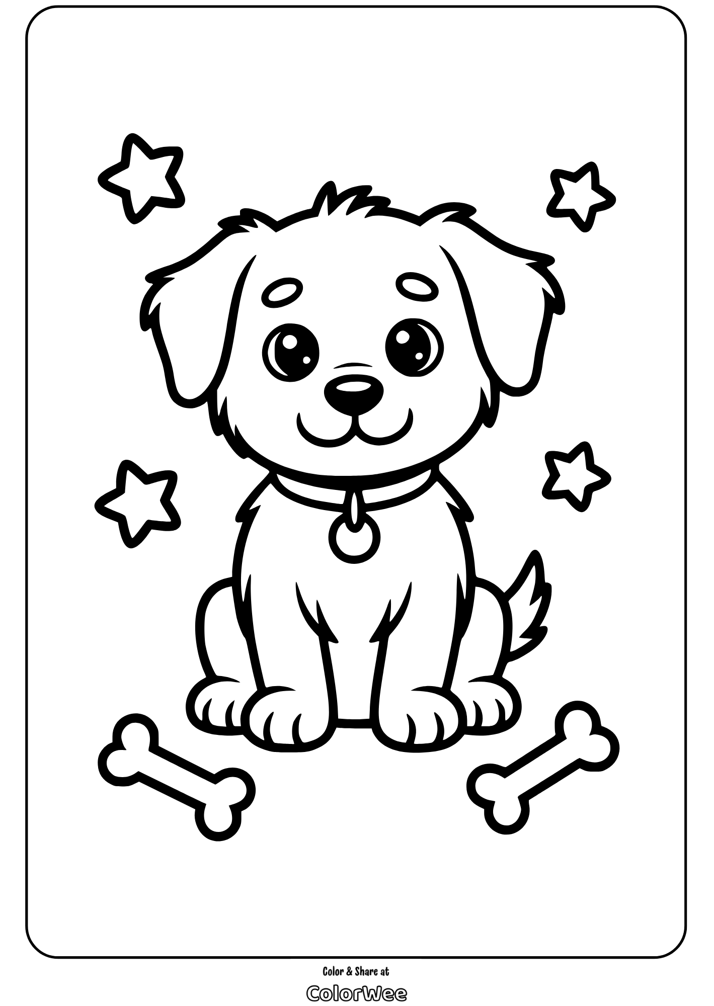 Cute puppy with stars and bones coloring page.