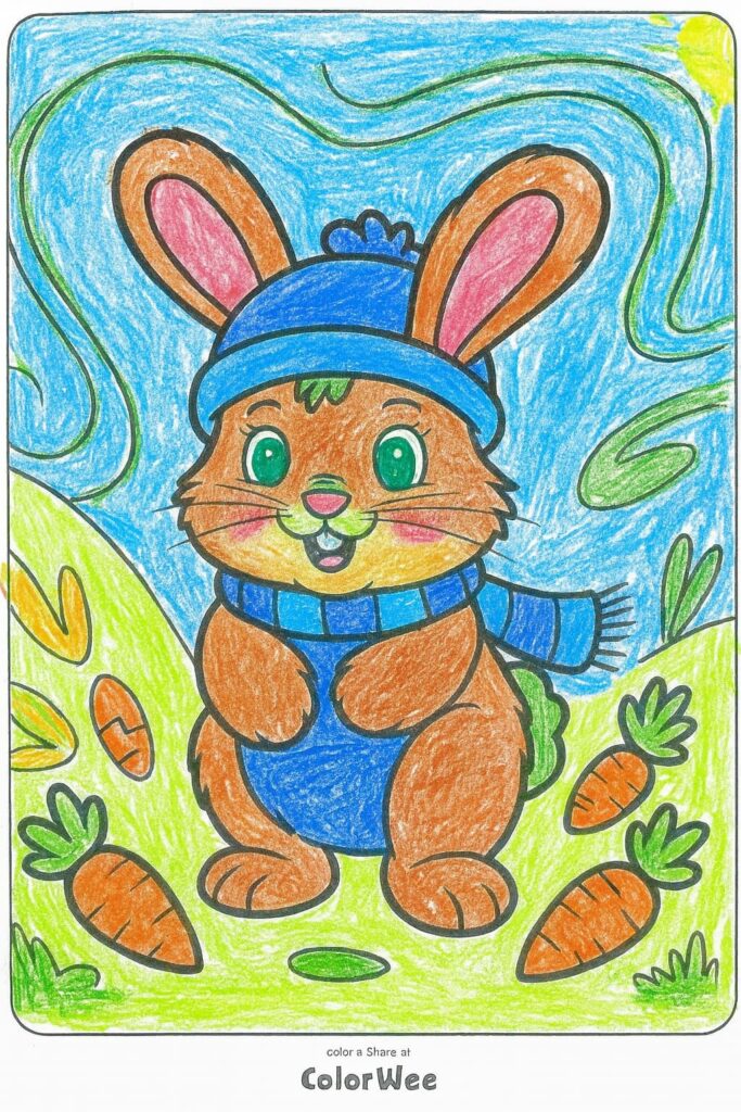 Cute bunny in winter clothes with carrots coloring page.