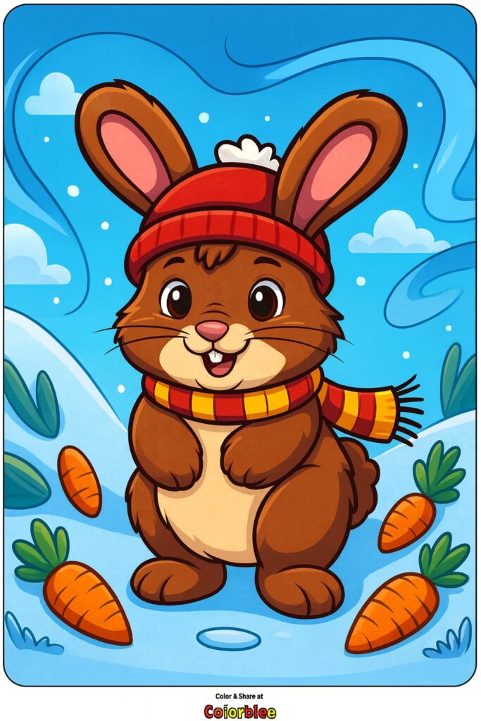 Rabbit in winter attire with carrots, fun kids coloring page.