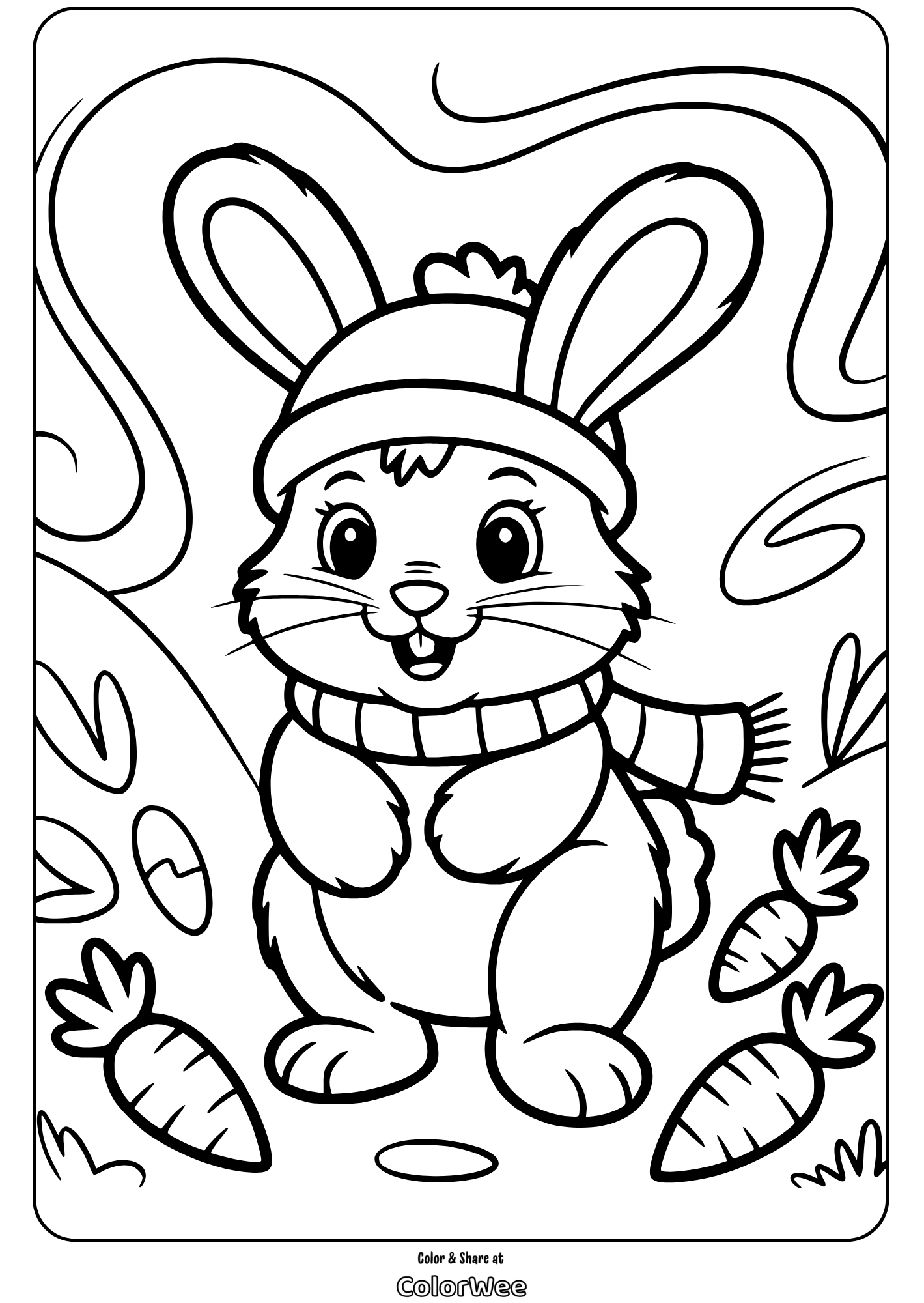 Cute bunny in winter clothes with carrots coloring page.