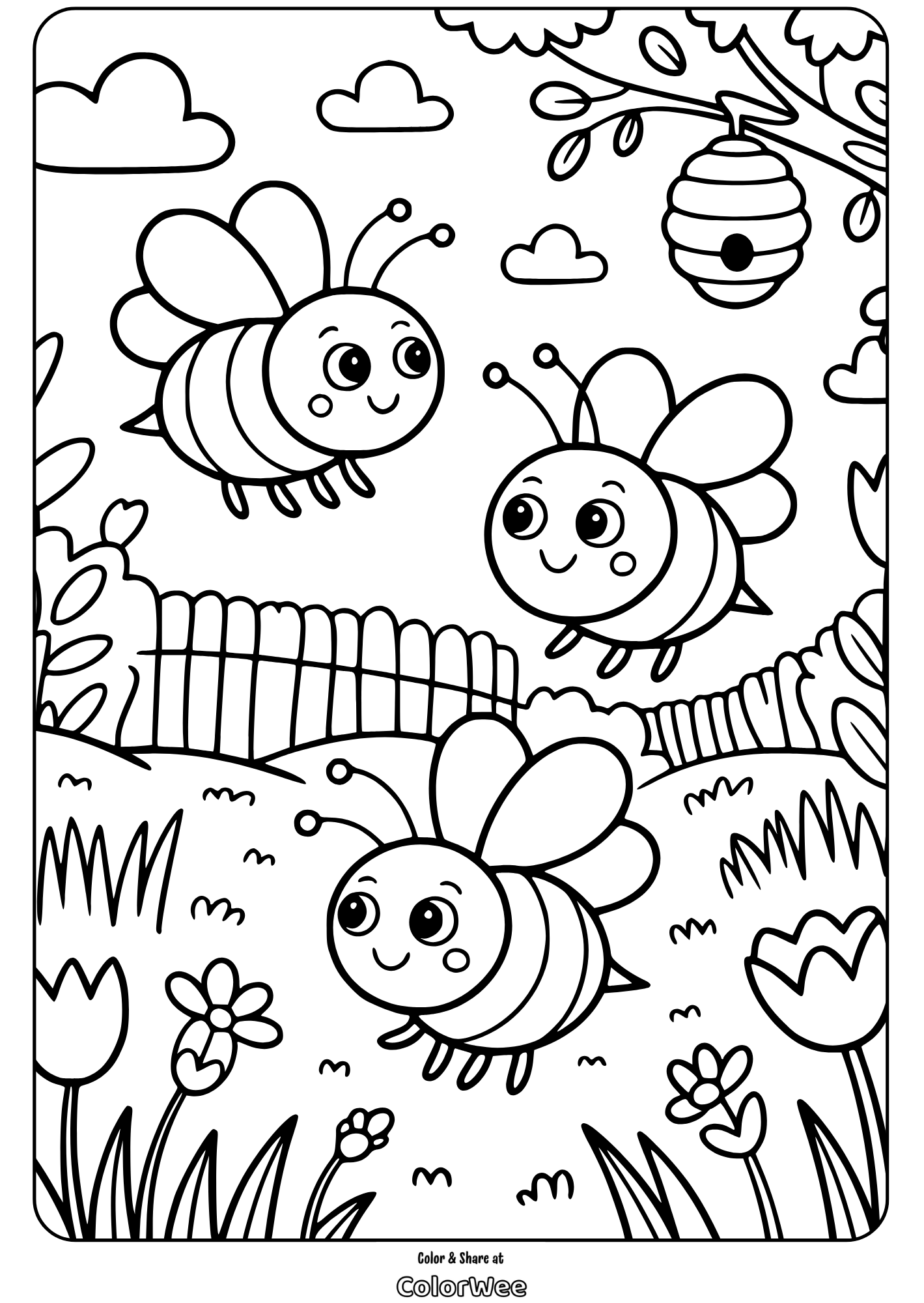 cute bees meadow hive coloring page Cute bees flying near their hive in a garden coloring page.