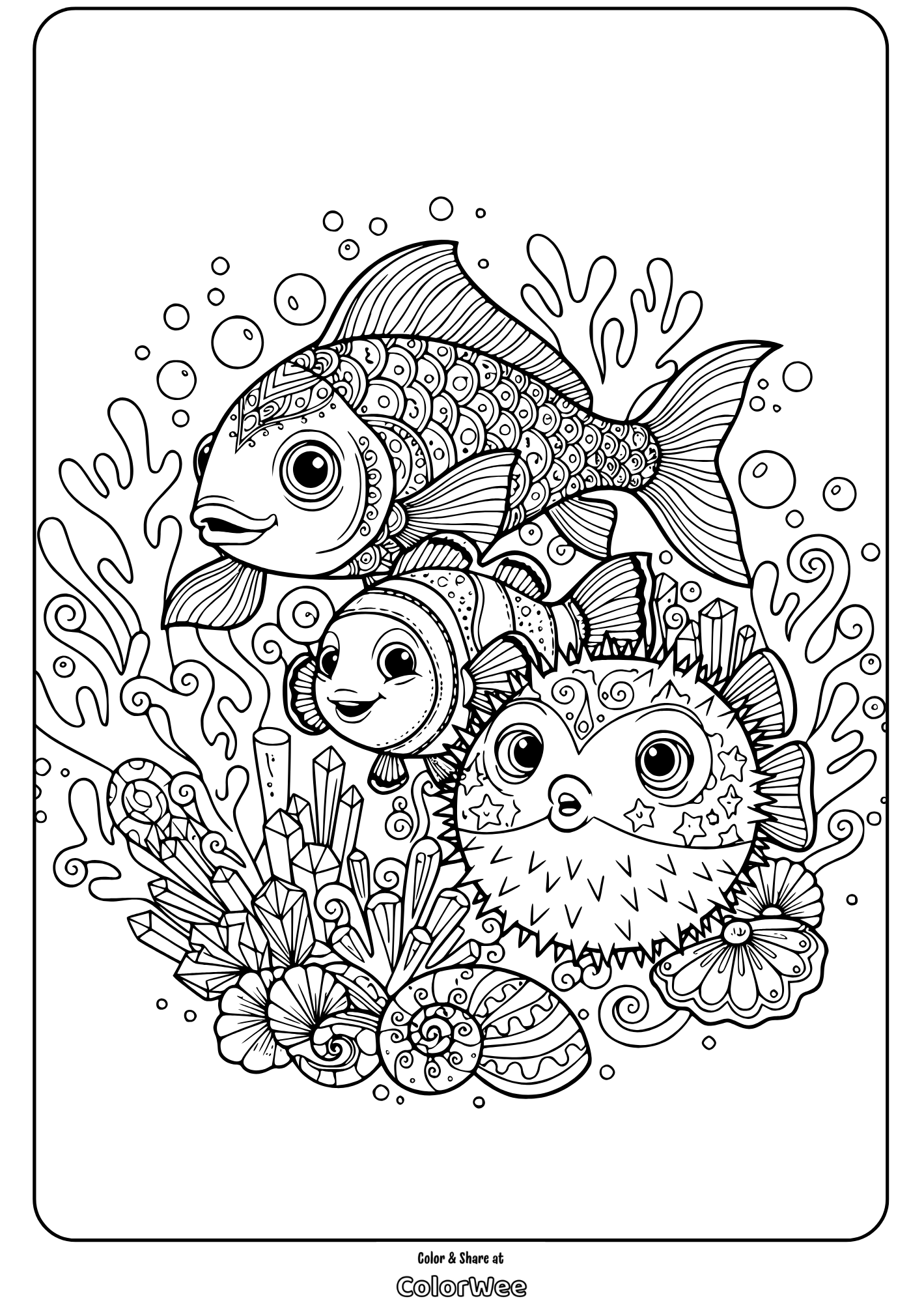 Underwater fish coloring page with coral and bubbles.