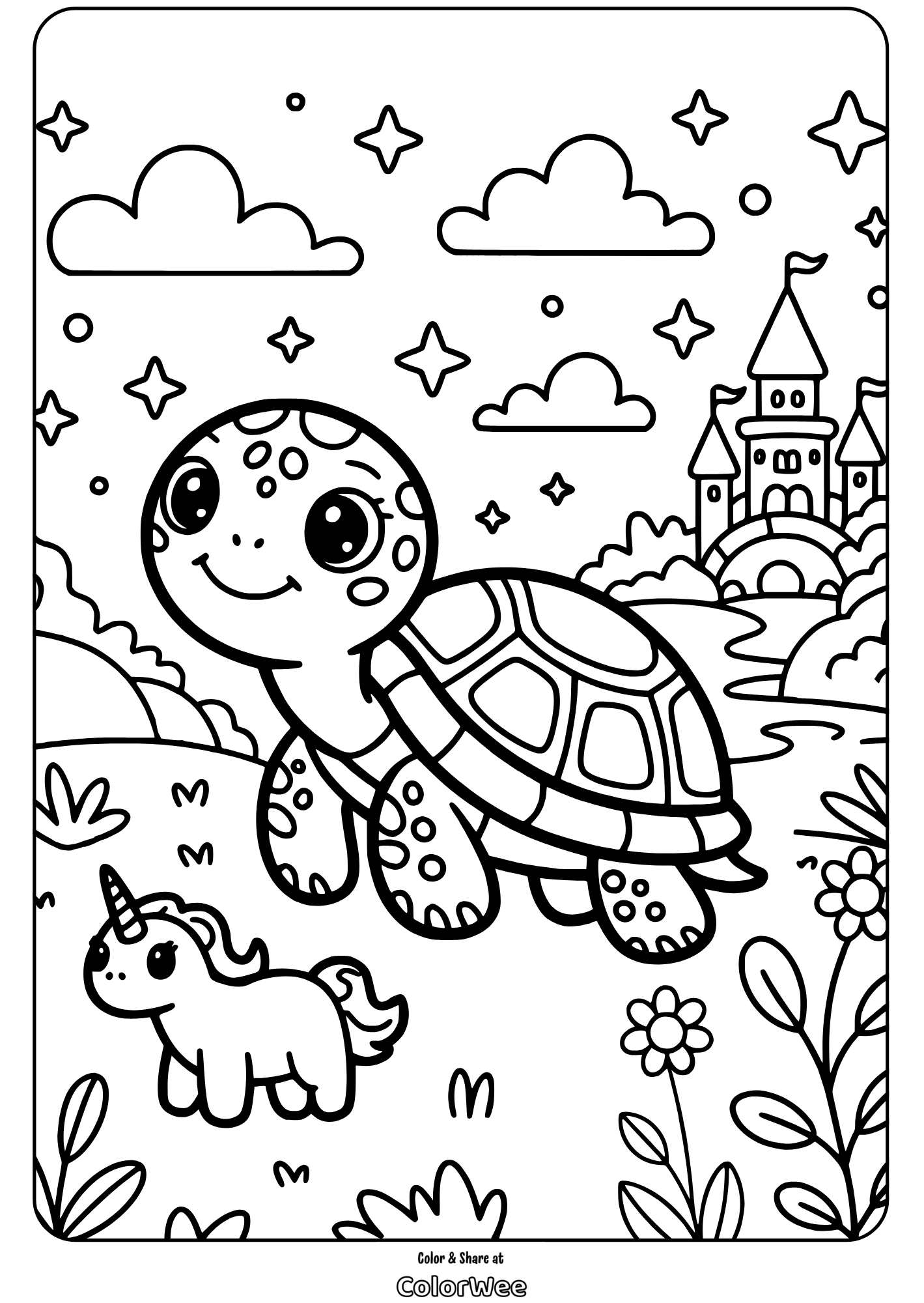 Cute turtle and unicorn in a magical landscape coloring page.