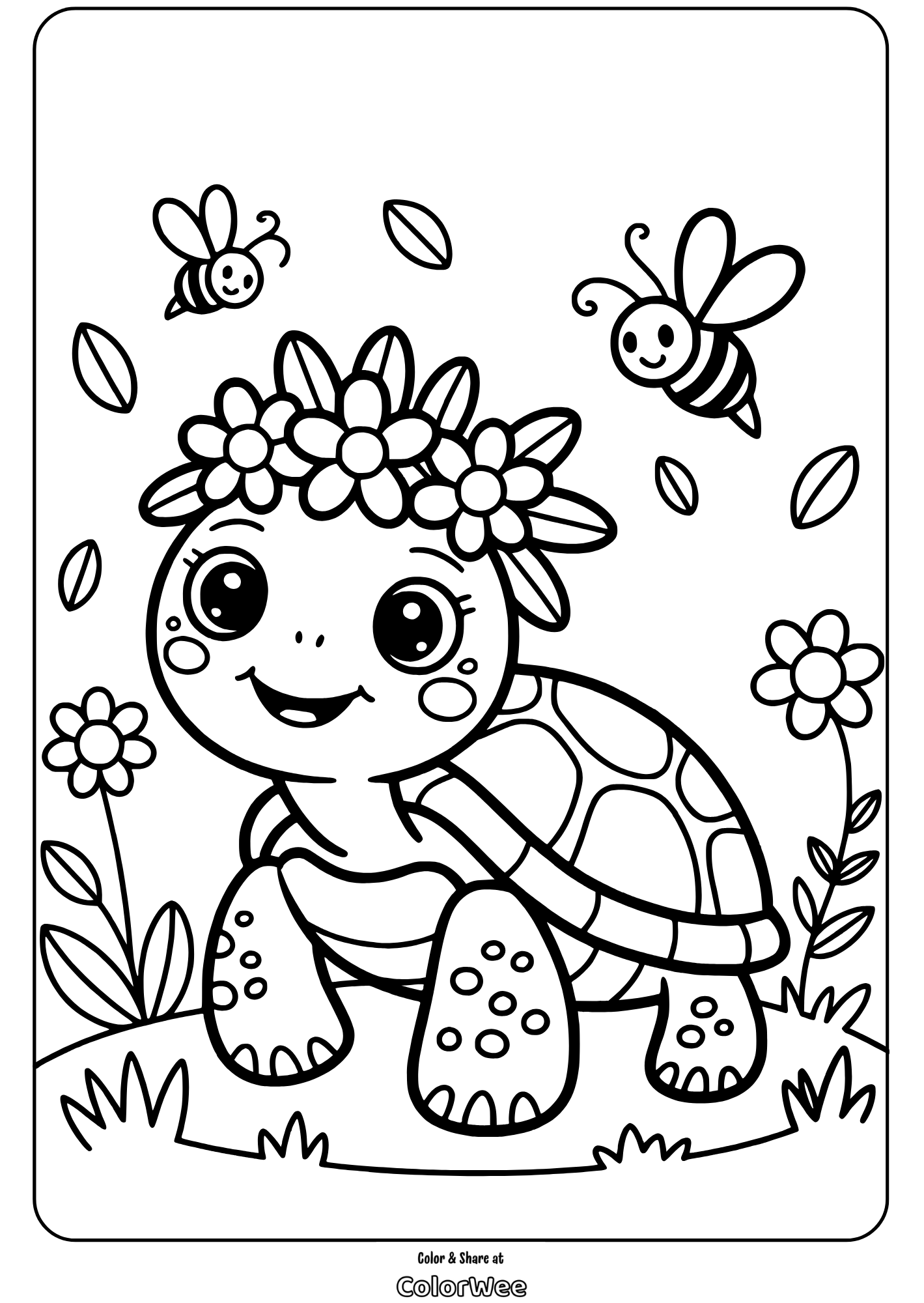 Cute turtle with flower crown and bees in coloring page.