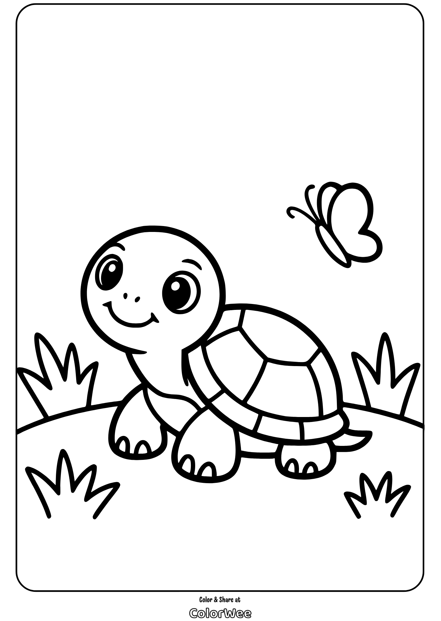 Happy turtle and butterfly coloring page for kids.