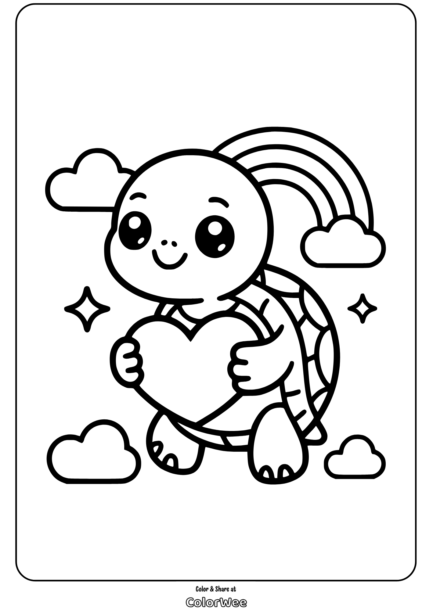 Cute turtle coloring page with heart, rainbow, and clouds.