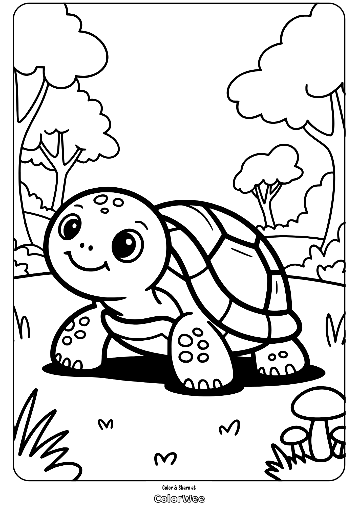 Cute turtle coloring page in a forest setting with trees and mushrooms.