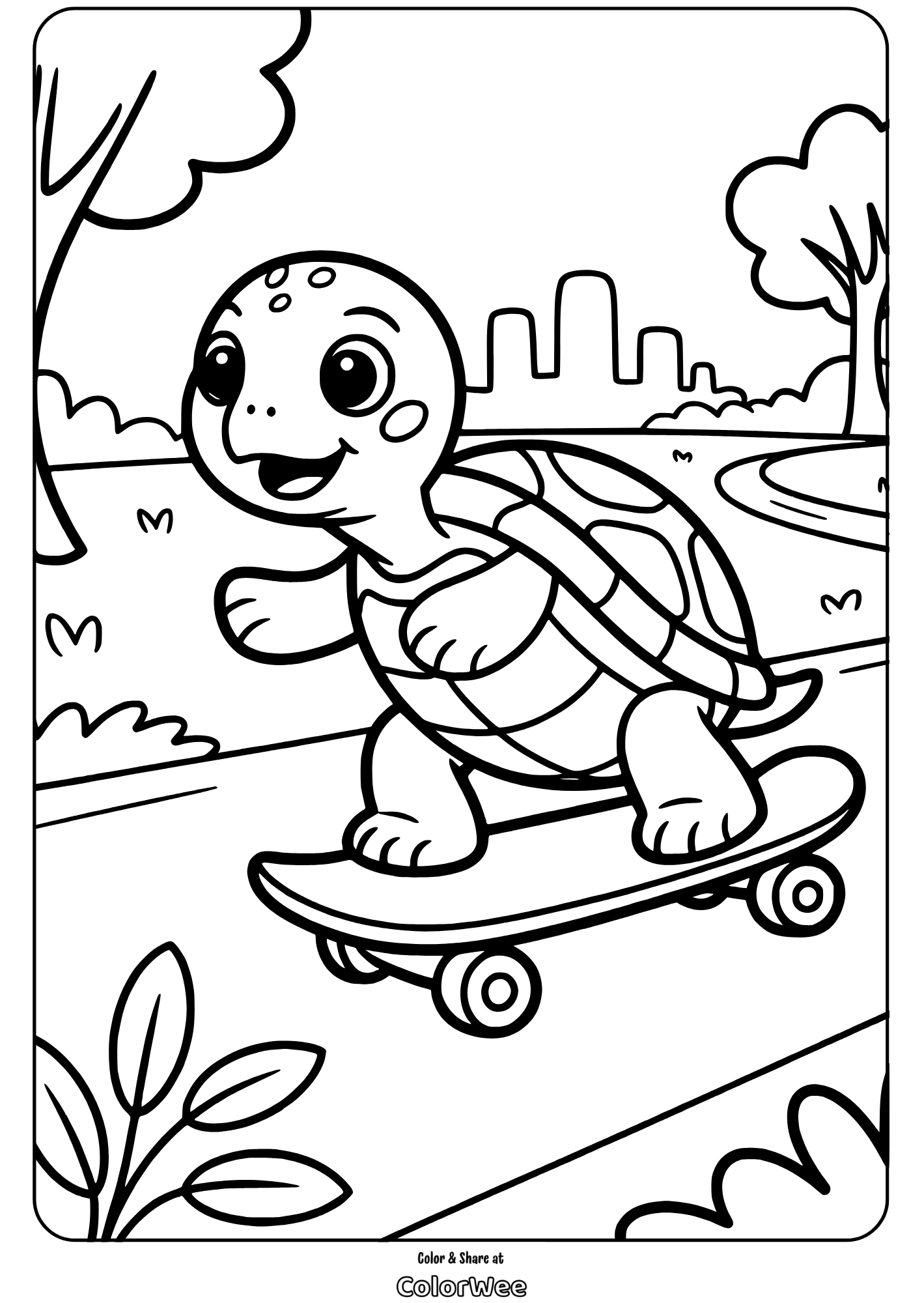 Cute turtle skateboarding coloring page for kids.
