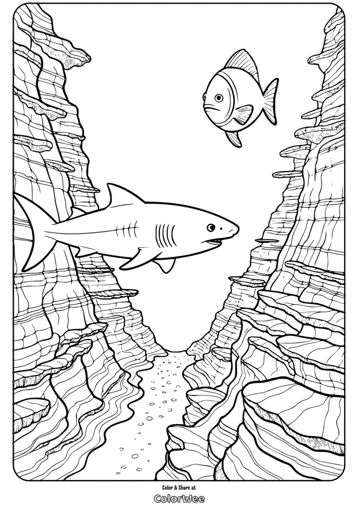 Underwater canyon with a shark and a fish coloring page.